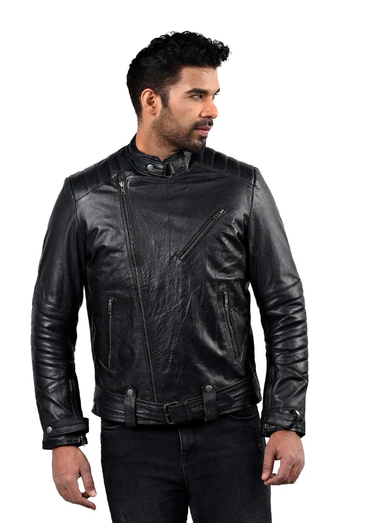 Men’s Black Leather Jacket with Belted Waist Right 