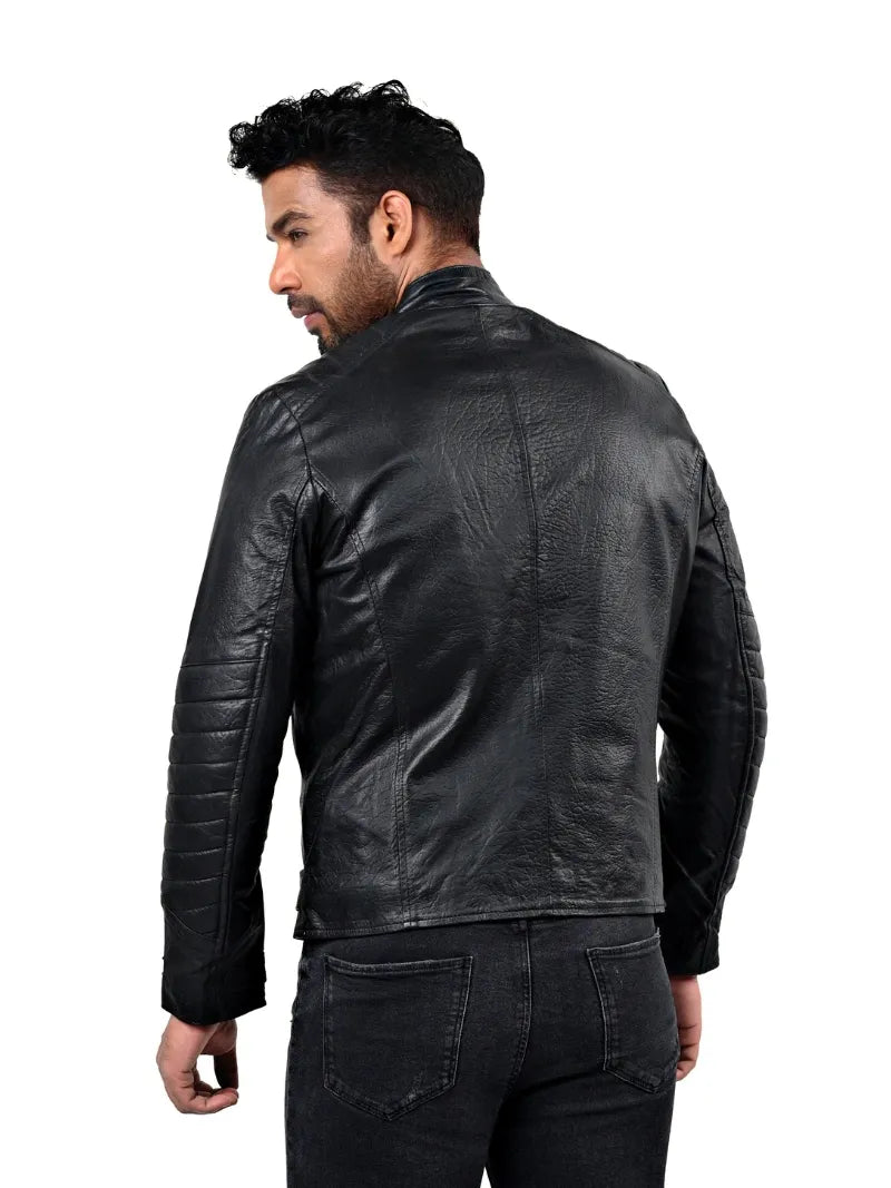 Men’s Black Leather Jacket with Belted Waist Back 