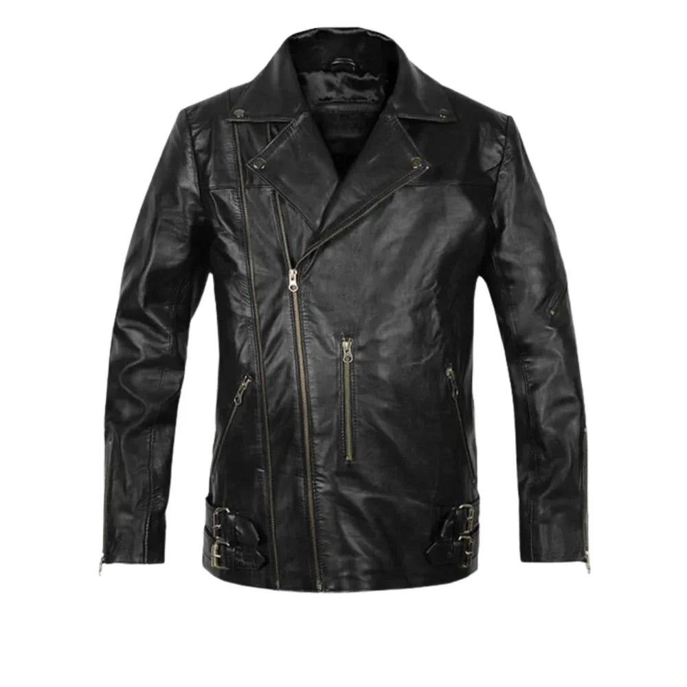 Men’s Black Leather Jacket with Buckle Straps