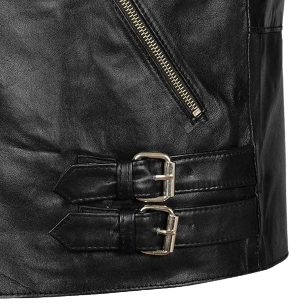 Men’s Black Leather Jacket with Buckle Straps