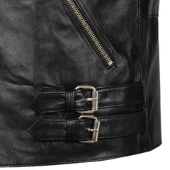 Men’s Black Leather Jacket with Buckle Straps