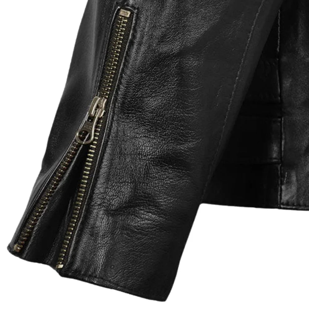 Men’s Black Leather Jacket with Buckle Straps