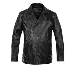 Men’s Black Leather Jacket with Buckle Straps