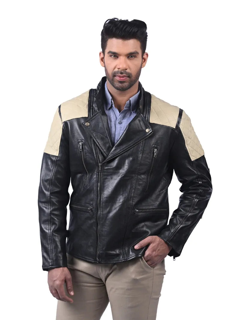 Men’s Black Leather Jacket with Cream Shoulders Front 
