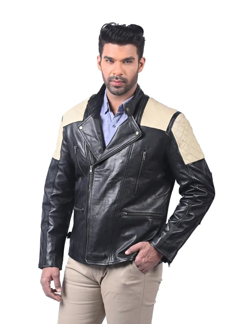 Men’s Black Leather Jacket with Cream Shoulders Left 