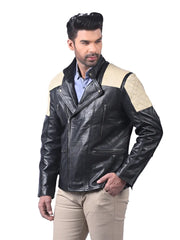 Men’s Black Leather Jacket with Cream Shoulders Right 