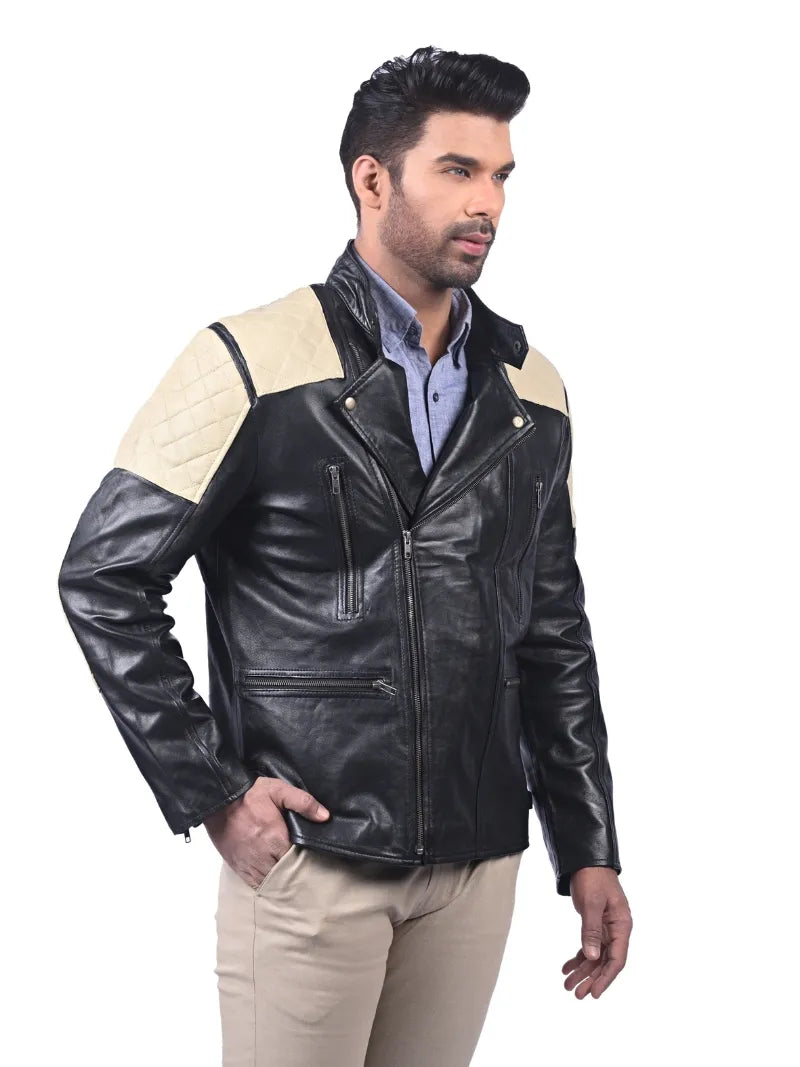 Men’s Black Leather Jacket with Cream Shoulders Right 