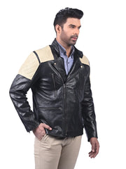Men’s Black Leather Jacket with Cream Shoulders Right 