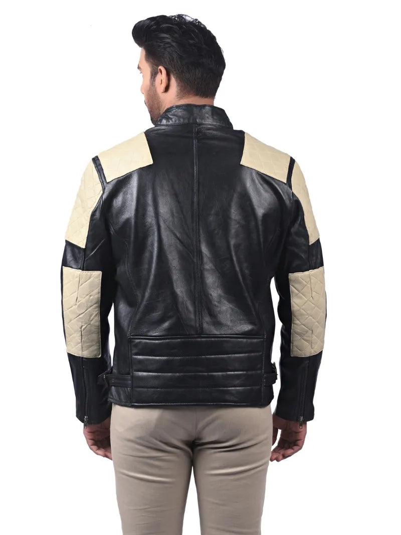 Men’s Black Leather Jacket with Cream Shoulders Back 