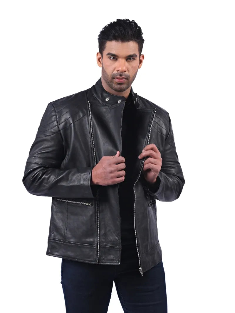 Men’s Black Leather Jacket with Double Zip Full