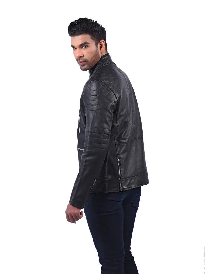 Men’s Black Leather Jacket with Double Zip Left 