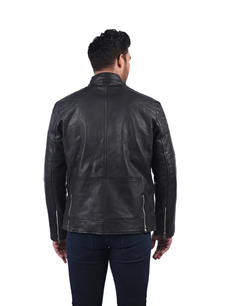 Men’s Black Leather Jacket with Double Zip Back 
