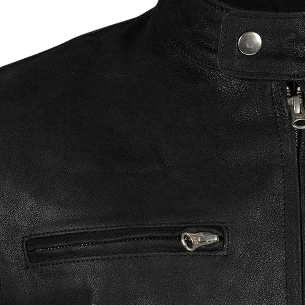 Men’s Black Leather Jacket with Dual Stripe Design