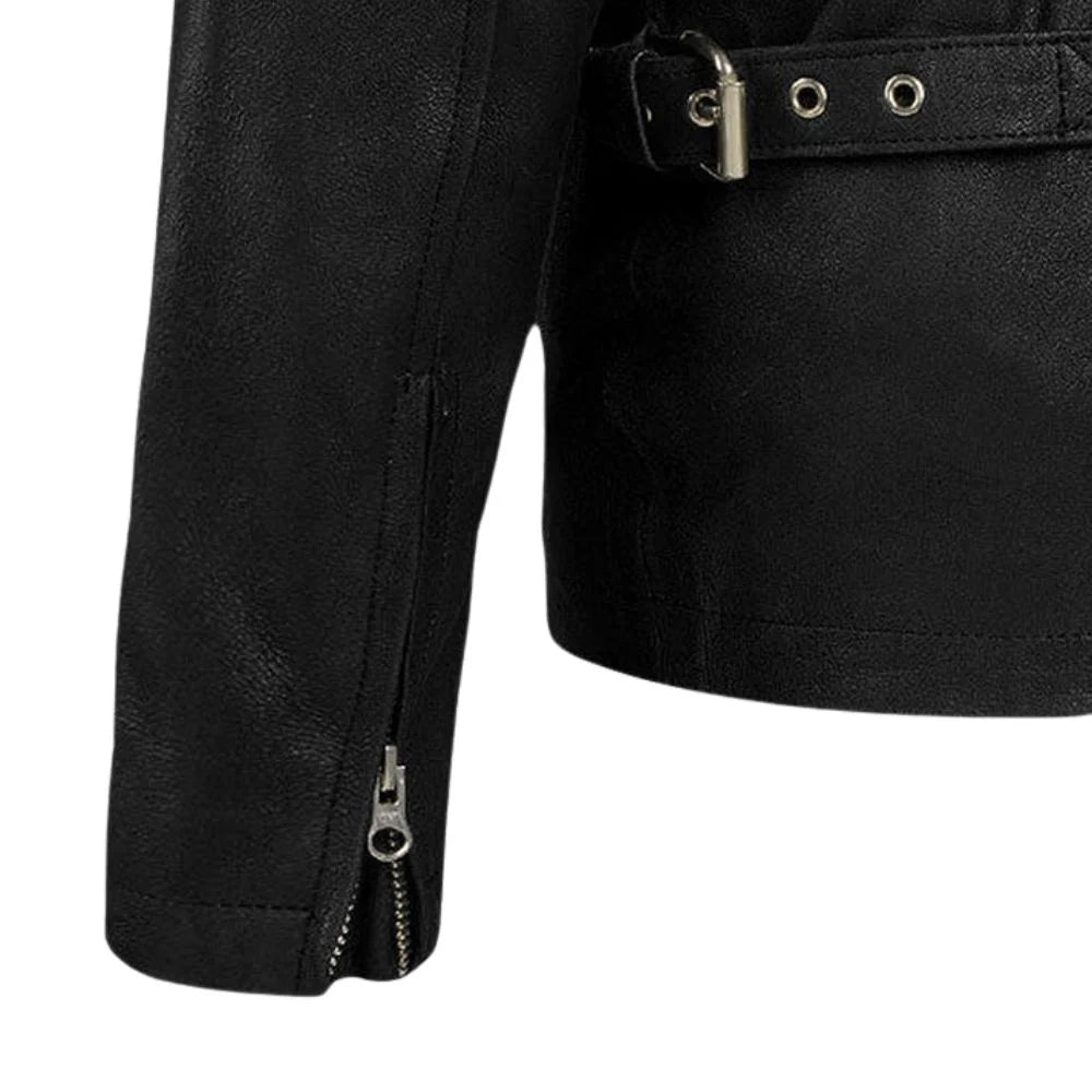 Men’s Black Leather Jacket with Dual Stripe Design