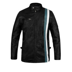 Men’s Black Leather Jacket with Dual Stripe Design