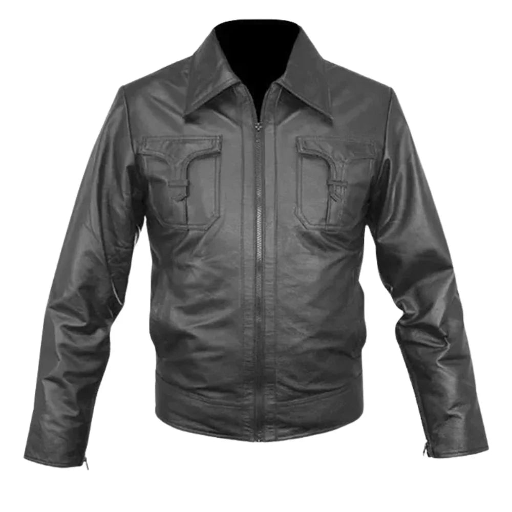 Men’s Black Leather Jacket with Flap Chest Pockets