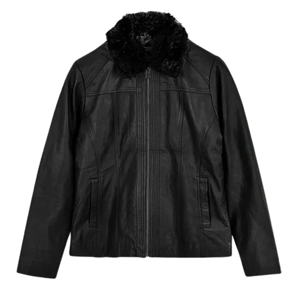 Men’s Black Leather Jacket with Fur Collar