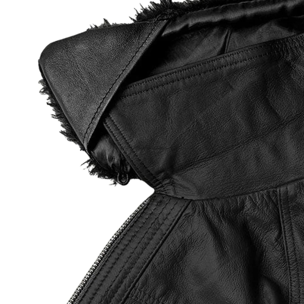 Men’s Black Leather Jacket with Fur Collar