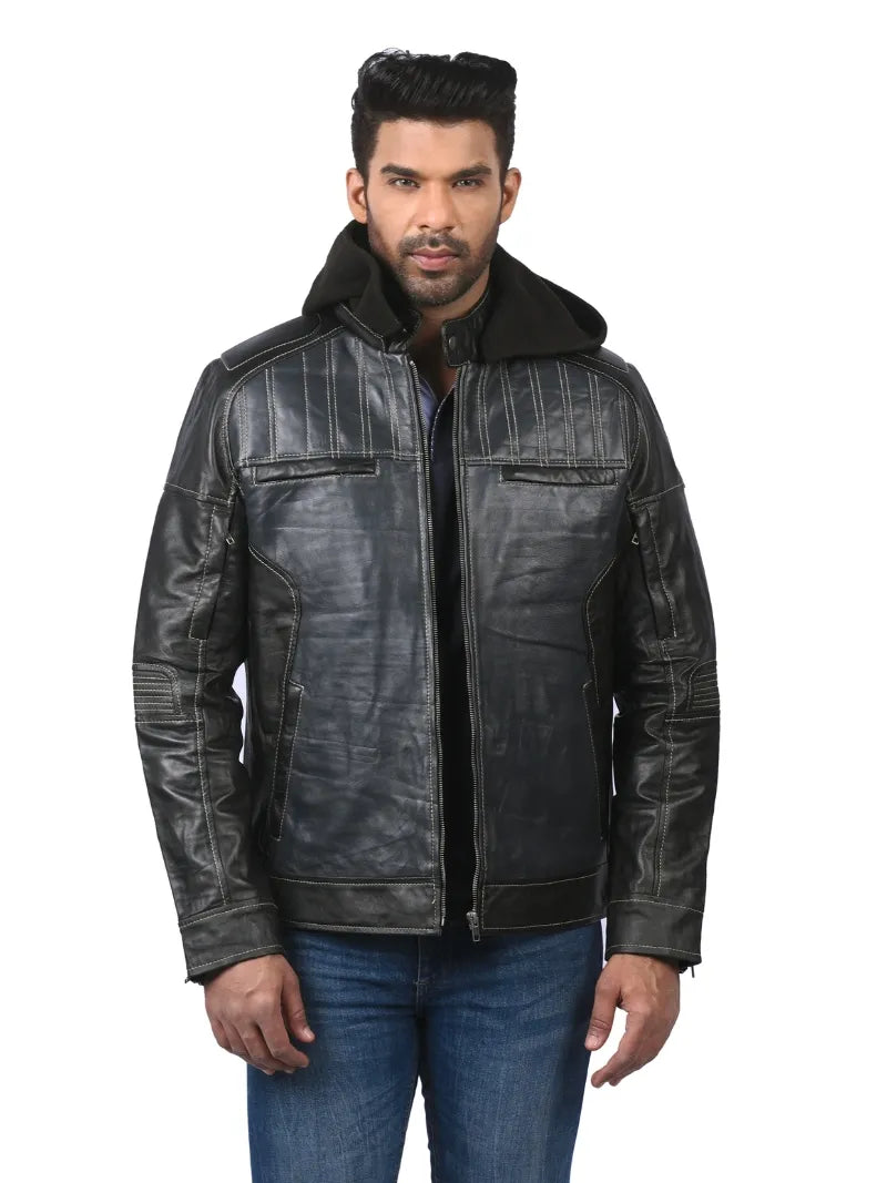 Men’s Black Leather Jacket with Hood Front