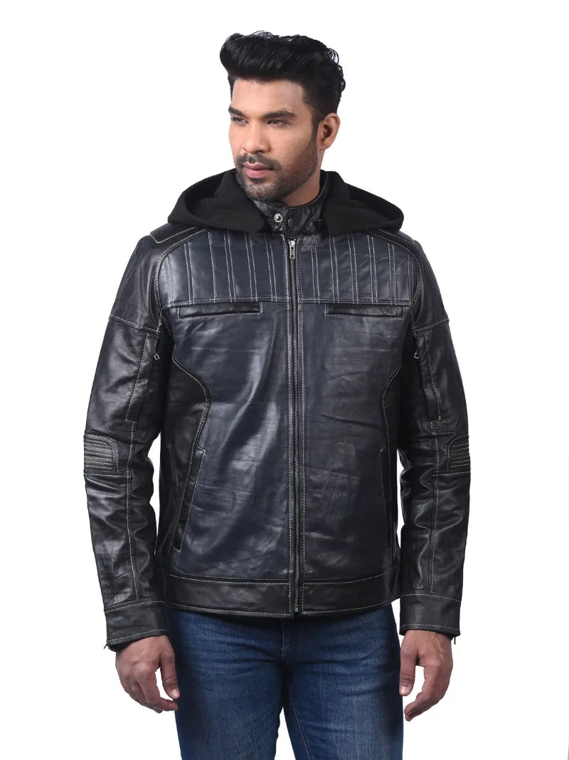 Men’s Black Leather Jacket with Hood Full