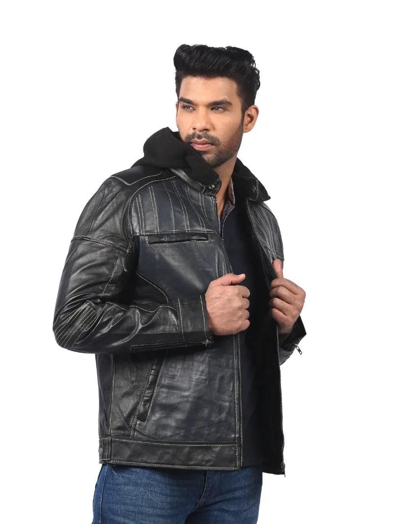 Men’s Black Leather Jacket with Hood Right