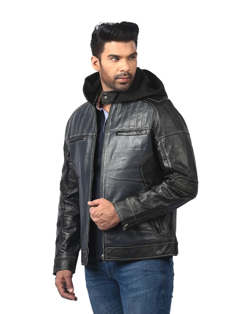 Men’s Black Leather Jacket with Hood Left