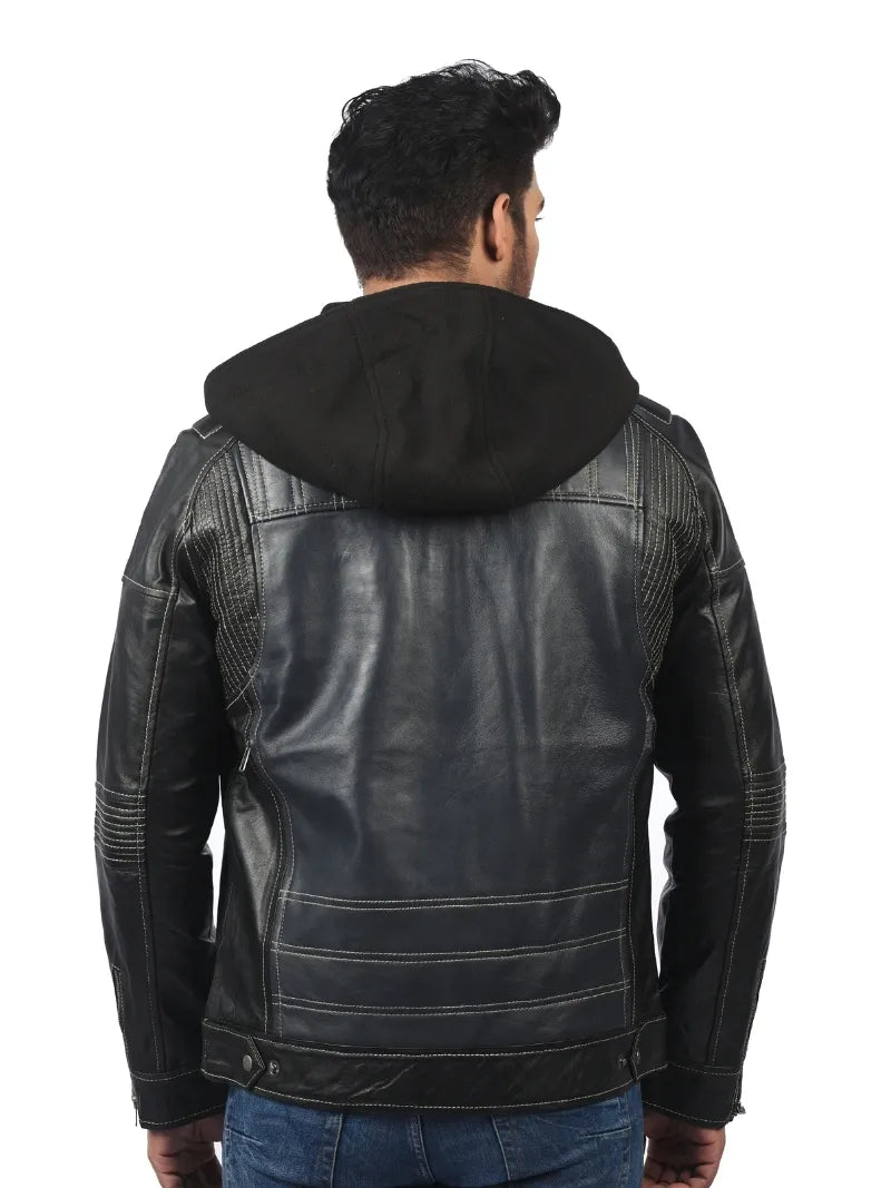 Men’s Black Leather Jacket with Hood Back