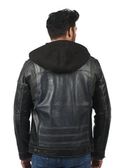 Men’s Black Leather Jacket with Hood Back