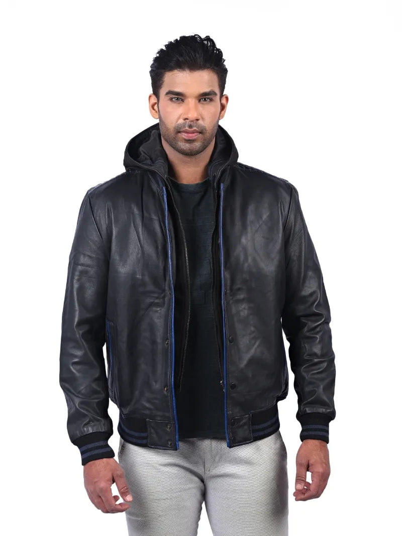 Men’s Black Leather Jacket with Hoods Front 