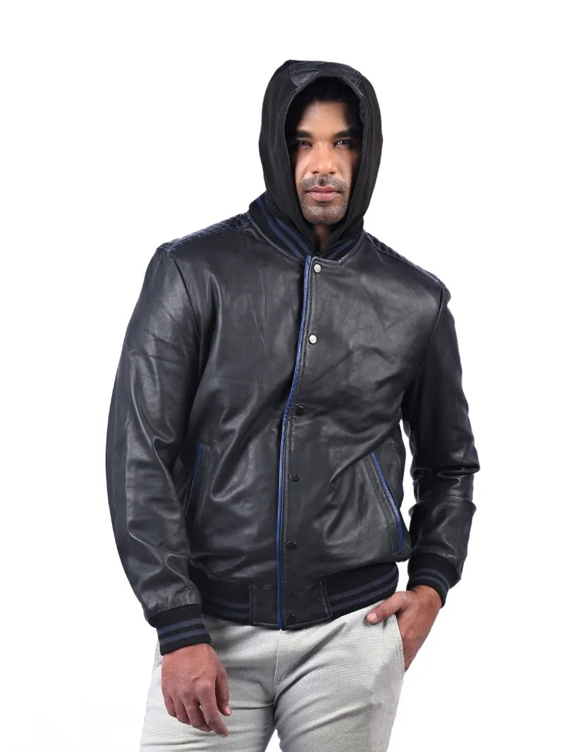 Men’s Black Leather Jacket with Hoods Full