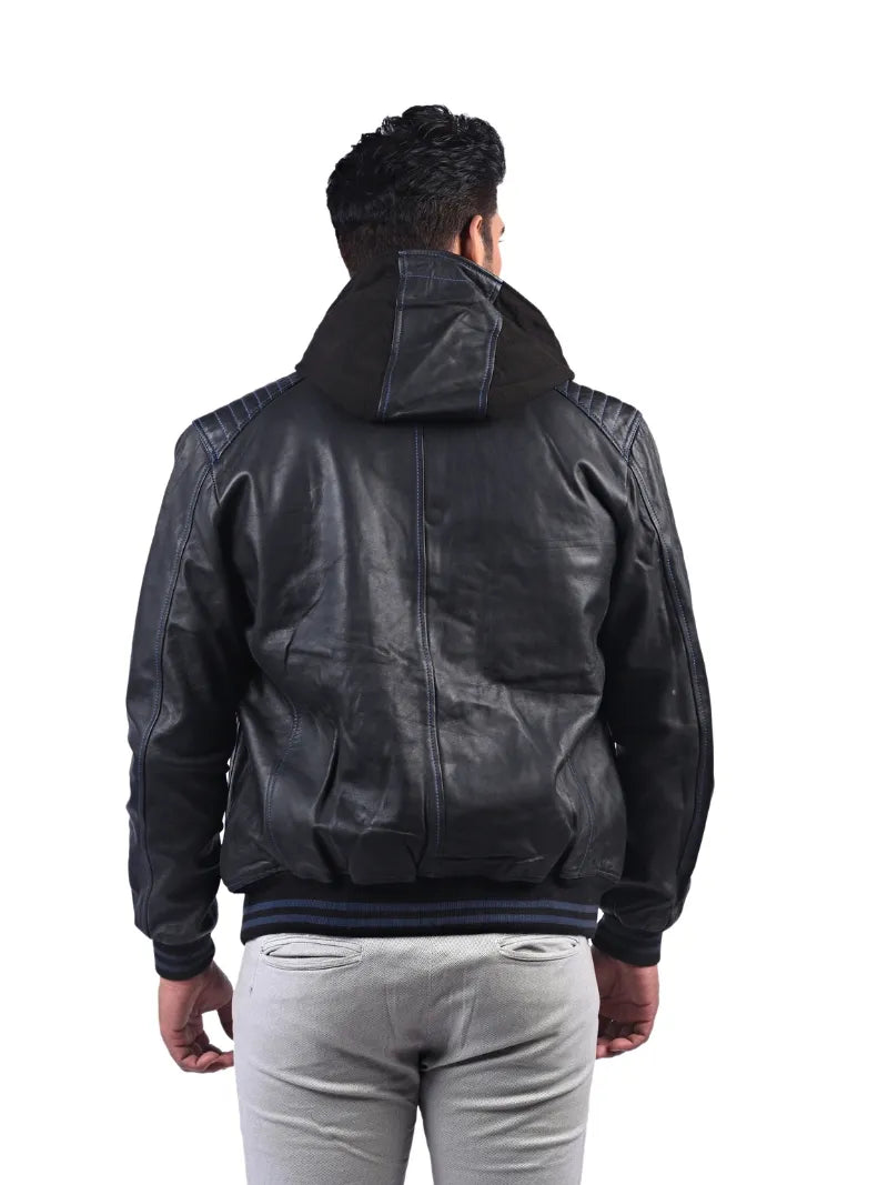 Men’s Black Leather Jacket with Hoods Back 