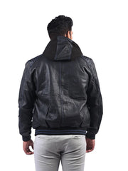Men’s Black Leather Jacket with Hoods Back 
