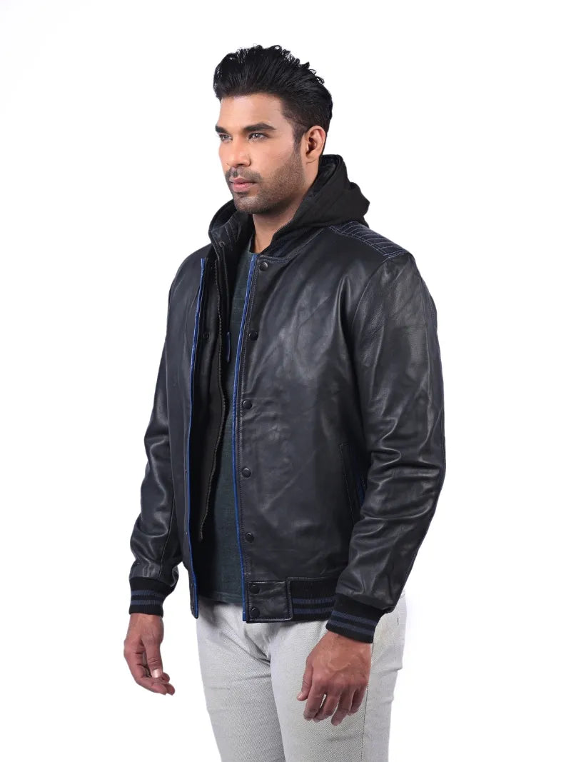 Men’s Black Leather Jacket with Hoods Left 