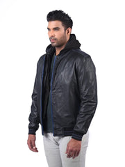 Men’s Black Leather Jacket with Hoods Left 