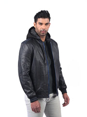 Men’s Black Leather Jacket with Hoods Right 