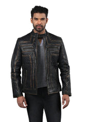 Men’s Black Leather Jacket with Quilted Panels Front 