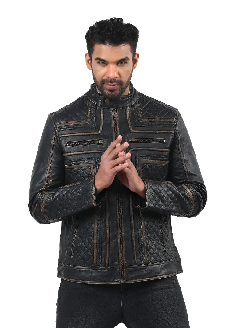 Men’s Black Leather Jacket with Quilted Panels Full 