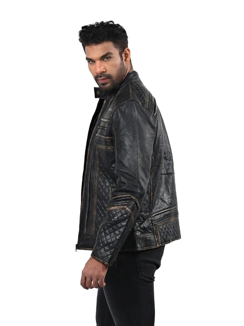 Men’s Black Leather Jacket with Quilted Panels Left 