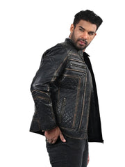 Men’s Black Leather Jacket with Quilted Panels Right 