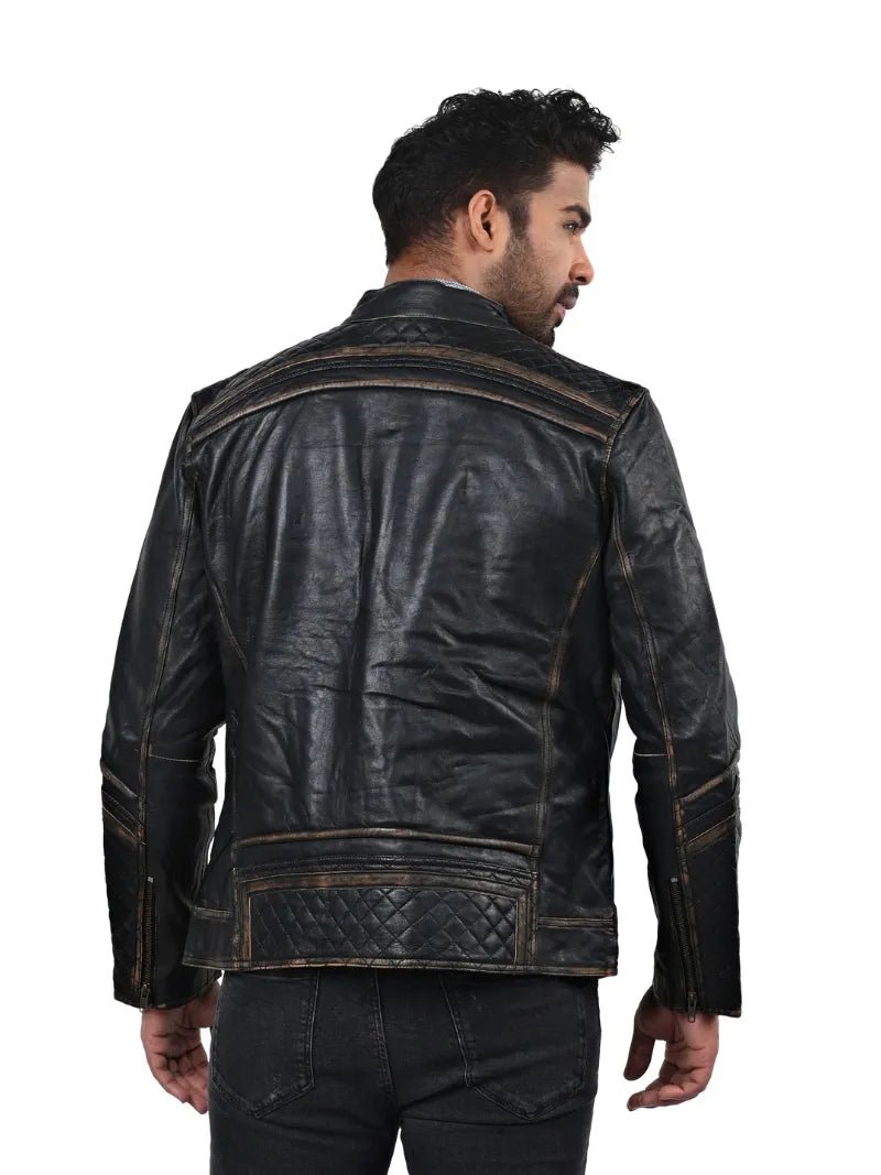 Men’s Black Leather Jacket with Quilted Panels Back 
