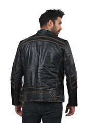 Men’s Black Leather Jacket with Quilted Panels Back 