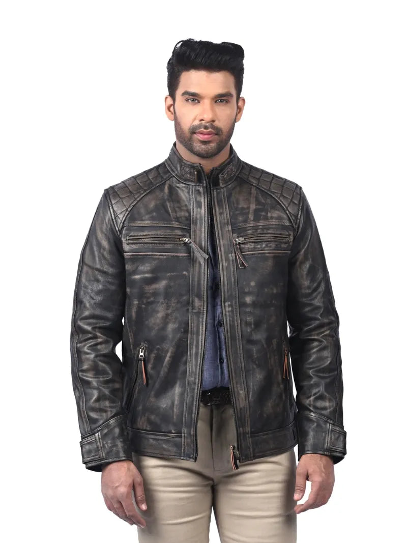 Men’s Black Leather Jacket with Quilted Shoulders Front 