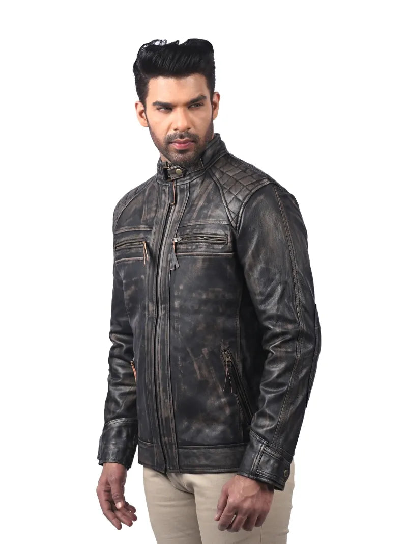 Men’s Black Leather Jacket with Quilted Shoulders Left 