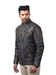 Men’s Black Leather Jacket with Quilted Shoulders Left 