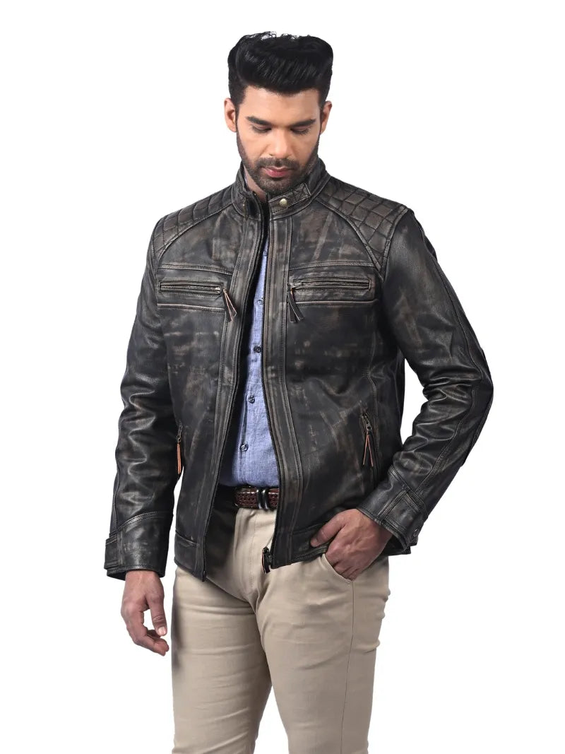 Men’s Black Leather Jacket with Quilted Shoulders Full