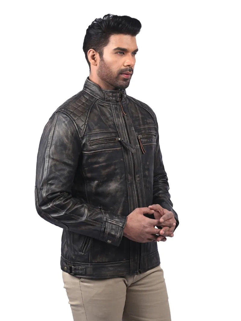 Men’s Black Leather Jacket with Quilted Shoulders Right 