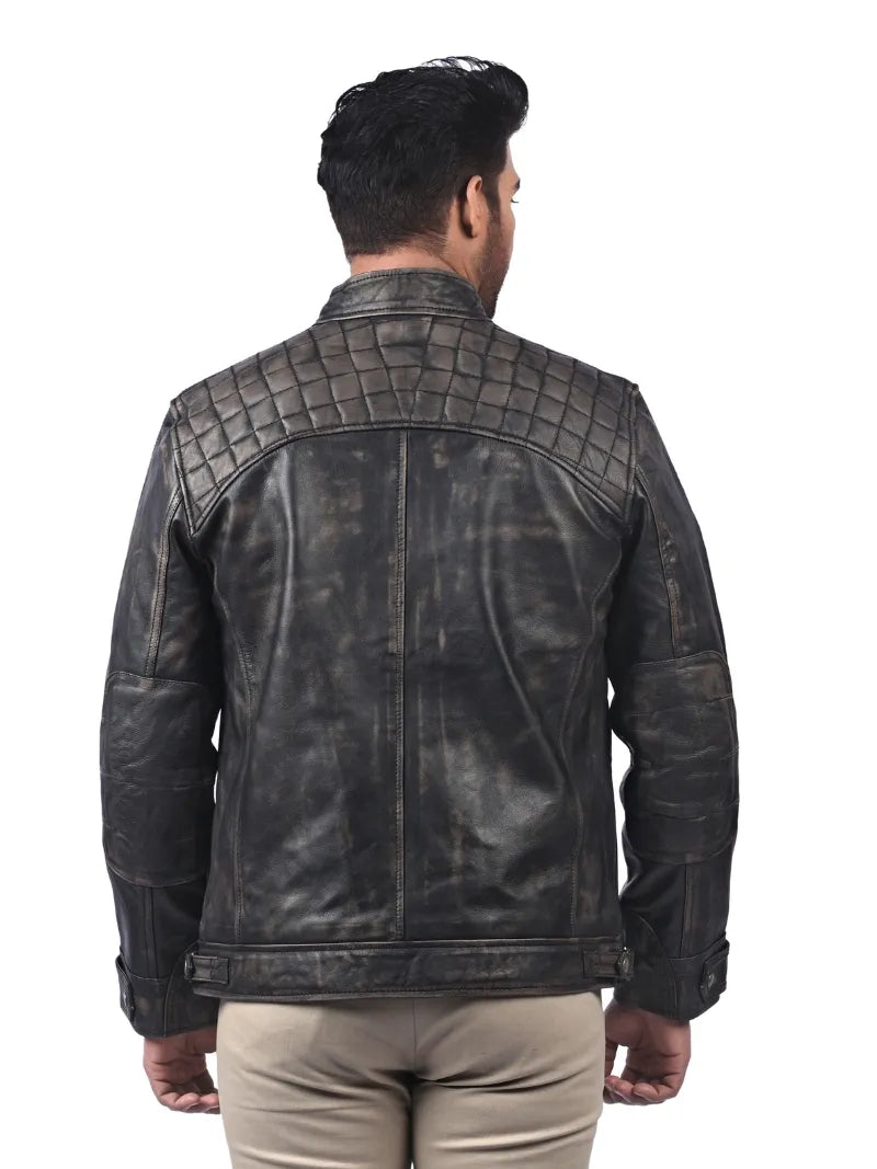 Men’s Black Leather Jacket with Quilted Shoulders Back 