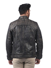 Men’s Black Leather Jacket with Quilted Shoulders Back 