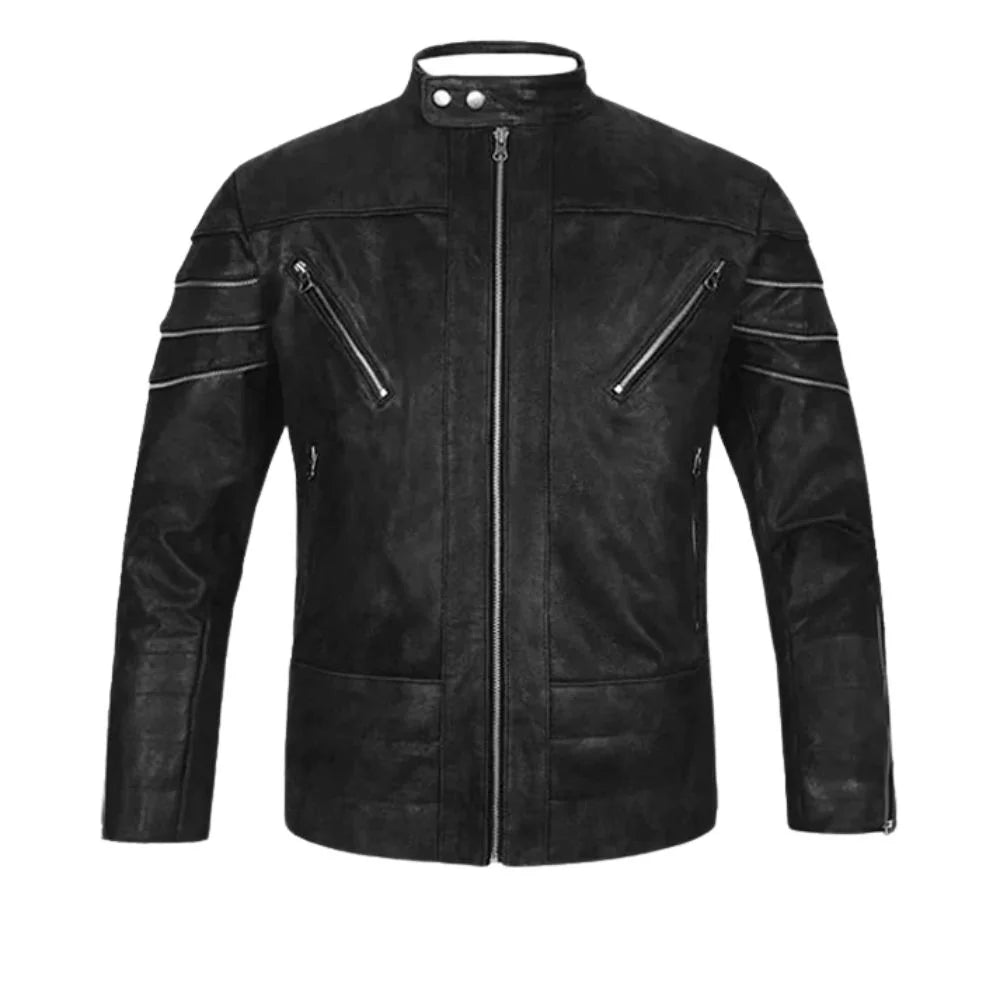 Men’s Black Leather Jacket with Quilted Sleeves