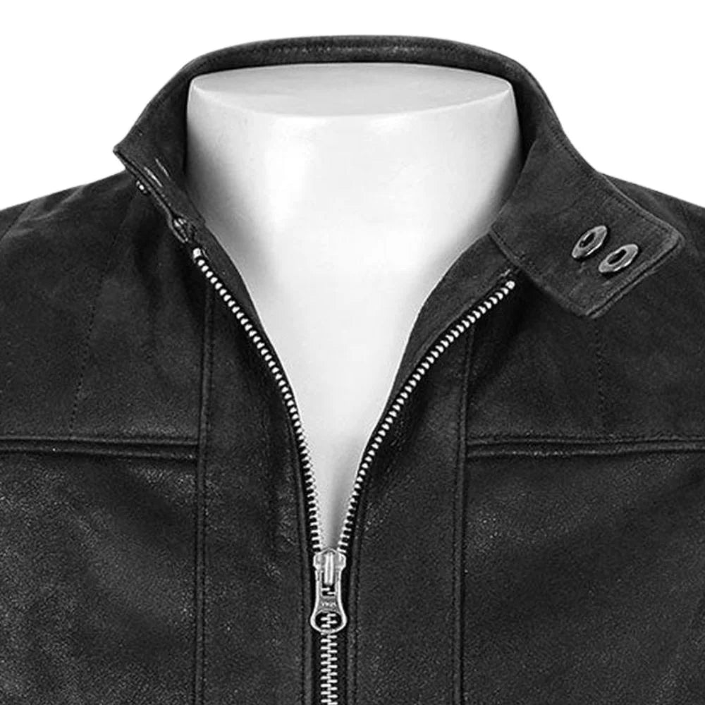 Men’s Black Leather Jacket with Quilted Sleeves